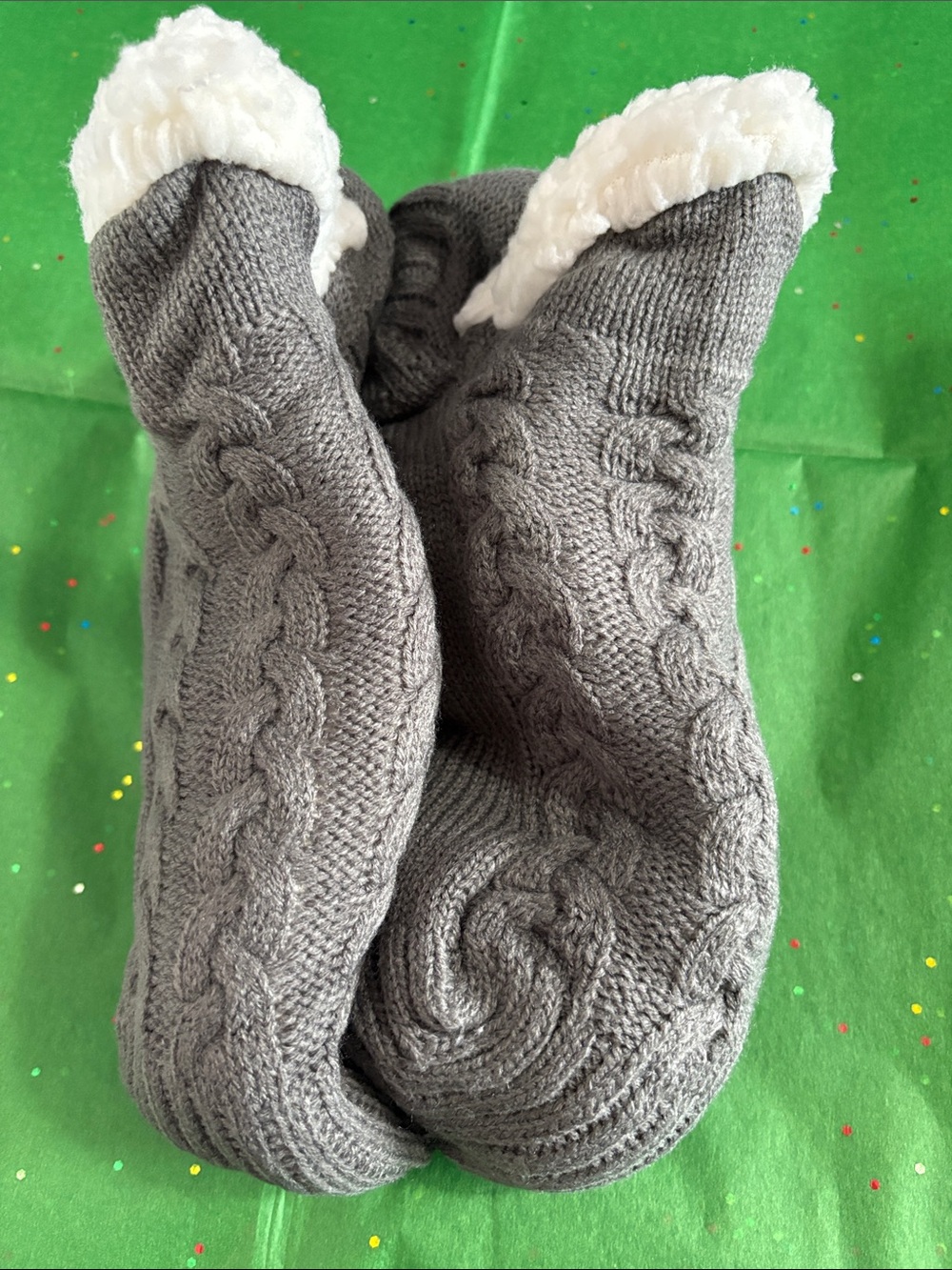 Cozy Gray Cable Knit Slipper Socks with Plush Lining